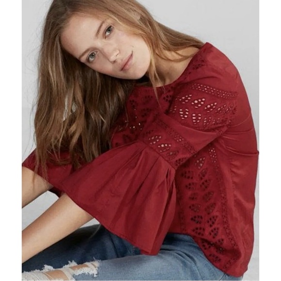 EXPRESS Eyelet Flare Pleated Bell Sleeve Top - Picture 2 of 15